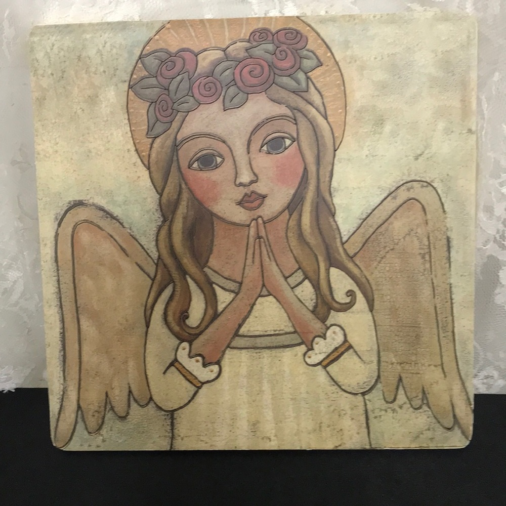 Praying Angel Painted Wooden Tile 7.5” x 7.5”